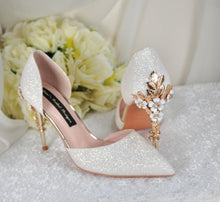Load image into Gallery viewer, Ivory Shimmer Heels - Handmade Bridal Satin Shoes with Gold Detail &amp; Cherry Blossom UK7/US9.5
