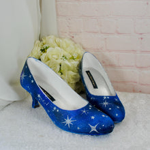 Load image into Gallery viewer, Hand-Painted Celestial Wedding Shoes – Blue Galaxy Low Heels

