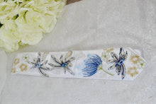 Load image into Gallery viewer, Blue Lotus Flower Embroidered Floral Tie: Handmade White Wedding Necktie
