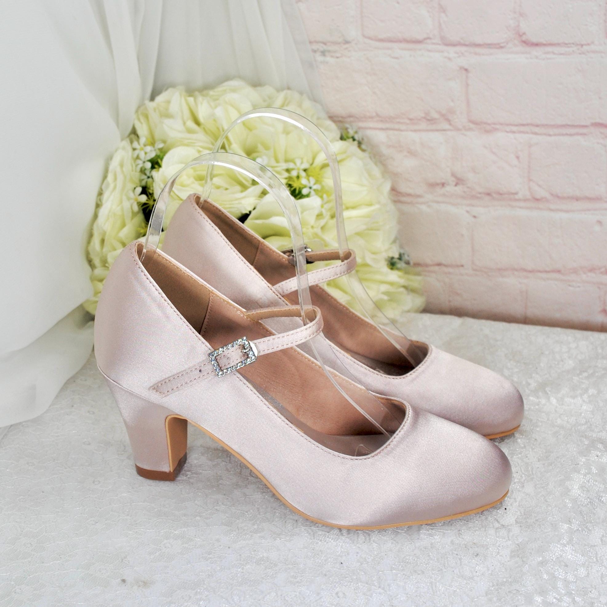 Nude Satin Bridal Shoes Handmade 7cm Block Heel Mary Janes