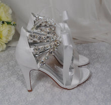 Load image into Gallery viewer, White Wedding Sandals - Handmade Bridal High Heels with Crystal Straps &amp; Ribbon Tie UK4/US6.5
