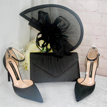 Load image into Gallery viewer, Black Satin Heel, Clutch &amp; Fascinator Set: Handmade Bridal Shoes

