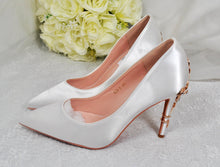Load image into Gallery viewer, Ivory Satin Bridal Heels: Gold Cherry Blossom Wedding Shoes UK4/US6.5
