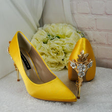 Load image into Gallery viewer, Yellow Satin Wedding Heels: Cherry Blossom Bridal Shoes UK6/US8.5
