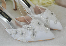 Load image into Gallery viewer, Bridal White Sling Back Heels: Handmade Satin Shoes with 3D Floral
