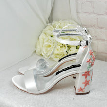 Load image into Gallery viewer, Ivory Satin Bridal Sandals with Floral Embroidery, Wedding Shoes with Ankle Strap, Bridal Shoes with Block Heel
