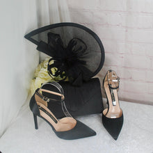 Load image into Gallery viewer, Black Fascinator and Clutch Bag Set: Handmade Bridal Satin Purse &amp; Sinamay Hatinator Set
