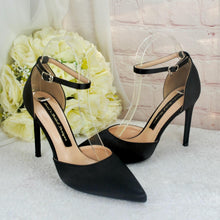 Load image into Gallery viewer, Black Satin Heel, Clutch &amp; Fascinator Set: Handmade Bridal Shoes
