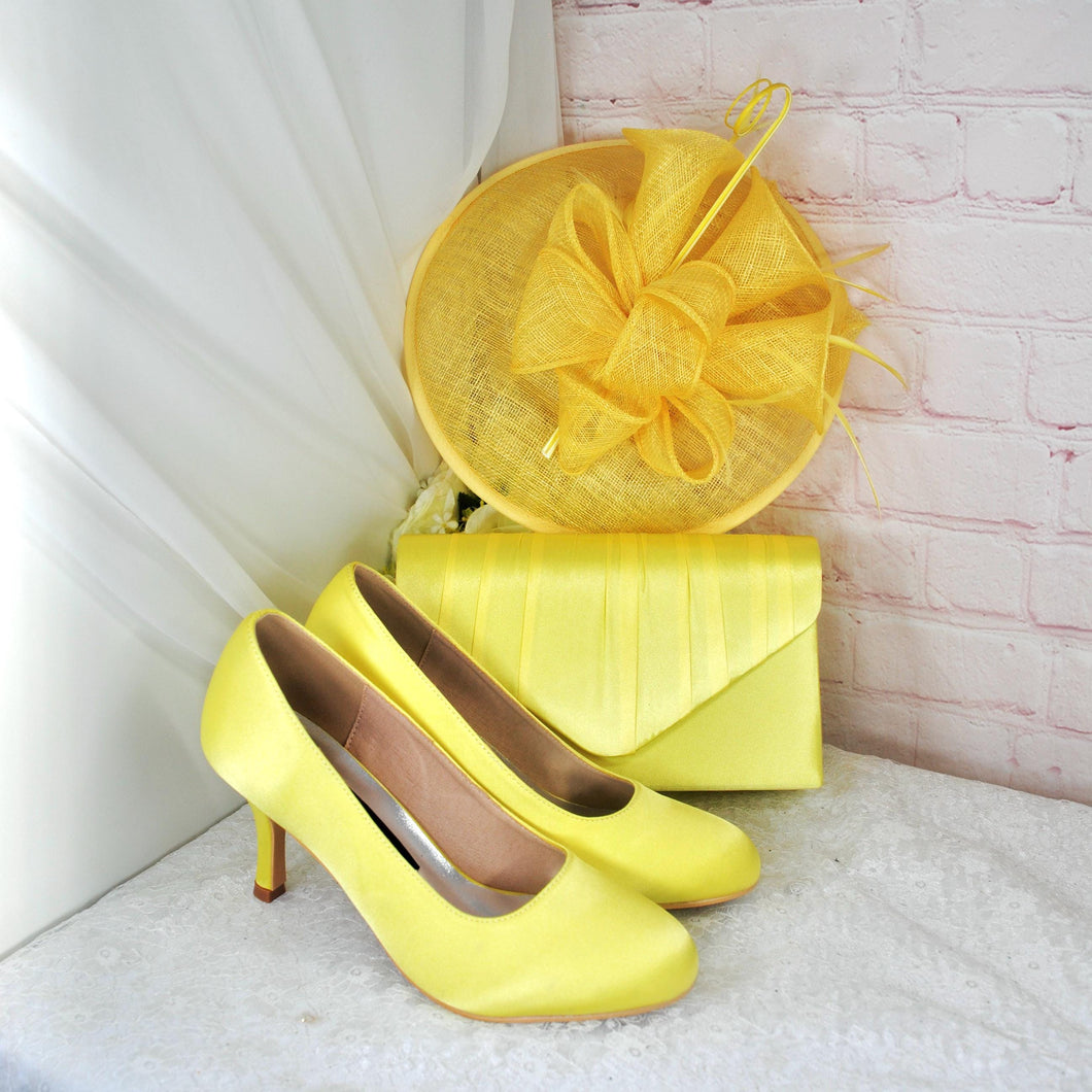 Yellow Satin Bridal Set: Shoes, Clutch Bag & Sinamay Fascinator Hat