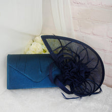 Load image into Gallery viewer, Navy Blue Satin Bridal Set: Heels, Clutch Bag &amp; Fascinator
