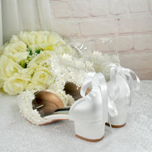Load image into Gallery viewer, Ivory Satin and Lace Floral Block Heels Bridal Shoes – UK3 – Ready to Dispatch
