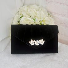 Load image into Gallery viewer, Black Velvet Heels, Clutch Bag &amp; Sinamay Fascinator Set: Handmade Wedding Guest Outfit
