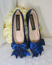 Load image into Gallery viewer, Navy Blue Bridal Flats – Handmade Comfortable Satin Flats with Oversized Satin Bow UK9/US11

