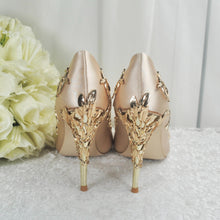 Load image into Gallery viewer, Champagne Satin Bridal Shoes: Gold Filigree Vine Wedding Heels
