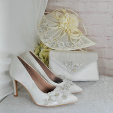 Load image into Gallery viewer, Ivory Satin Bridal Heels: Hand-Beaded 3D Floral Wedding Shoes Size UK5/US7.5
