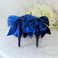 Load image into Gallery viewer, Navy Satin Heels - Handmade Bridal Stiletto Shoes with Sparkling Bow Detail UK4/US6.5
