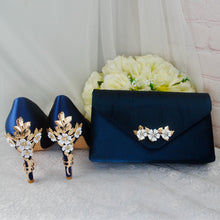 Load image into Gallery viewer, Navy Satin Heels: Silver Floral Cherry Blossom Embellishment

