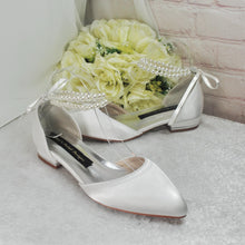 Load image into Gallery viewer, Ivory Satin Bridal Flats – Pointed Toe Wedding Flats with Pearl Ankle Strap • UK4/US6.5
