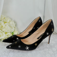 Load image into Gallery viewer, Black or Navy Velvet Celestial Bridal Shoes – Star Stiletto Heels
