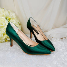 Load image into Gallery viewer, Emerald Green Satin Bridal Shoes: Mid Heel Custom Colour Bridesmaid Heels
