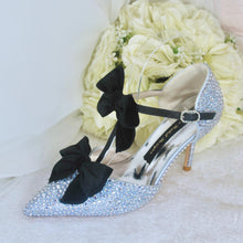 Load image into Gallery viewer, Luxury Silver Crystal Sandals with Black Velvet Bows
