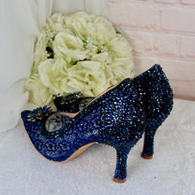 Load image into Gallery viewer, Navy Blue Satin Heels – Pointed Toe Stilettos with Lace and Crystal Embellishments UK4 / US6.5

