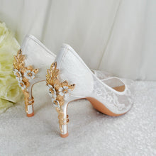 Load image into Gallery viewer, Handmade White Lace Wedding Shoes with Cherry Blossom Heel | Pointed Toe Bridal Heels
