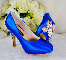 Load image into Gallery viewer, Royal Blue Wedding Heels – Handmade Bridal Satin Shoes with Cherry Blossom Details • Size UK6/US8.5
