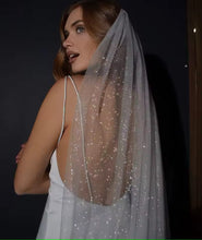 Load image into Gallery viewer, A woman wearing a white dress with a sparkly veil stands against a dark background.
