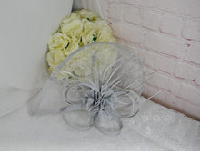 Load image into Gallery viewer, Silver Satin Bridal Set: Handmade Heels, Clutch &amp; Fascinator
