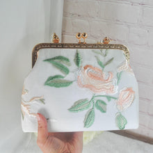 Load image into Gallery viewer, Vintage Style Wild Rose Embroidered Handbag Floral Embroidery Gold Trim Clasp Bag Purse Clutch Stunning UK Handmade Accessory Wedding Bride
