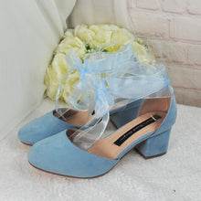 Load image into Gallery viewer, Blue Suede Low Heel Bridal Sandals, Wedding Shoes with Ankle Strap, Bridal Shoes with Block Heel
