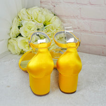 Load image into Gallery viewer, Yellow Block Heel Sandals: Satin Bridal Bridesmaid Shoes
