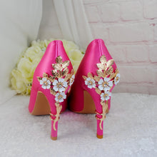 Load image into Gallery viewer, Hot Pink Satin Heels: Golden Cherry Blossom Bridal Shoes
