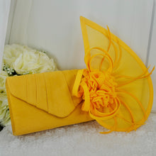 Load image into Gallery viewer, Mustard Yellow Fascinator Hat &amp; Vegan Suede Clutch Bag Set
