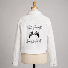 Load image into Gallery viewer, Till Death Personalised Bridal Denim Jacket, Bride to Be Black Wedding Dress Top
