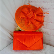 Load image into Gallery viewer, Stunning Orange Bag and Fascinator Hat Bright Orange Matching Bridal Set Hatinator Purse for Wedding Guest Mother of the Bride Groom
