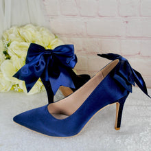 Load image into Gallery viewer, Navy Satin Heels - Handmade Bridal Stiletto Shoes with Sparkling Bow Detail UK4/US6.5
