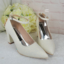 Load image into Gallery viewer, Bridal Block Heel Satin Shoes – Ivory Handmade Wedding Heels 8cm Glitter • UK5/US7.5
