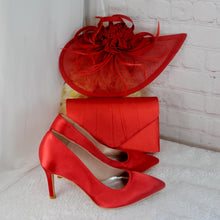 Load image into Gallery viewer, Red Fascinator Hat and Clutch Bag Set, Wedding Guest Outfit
