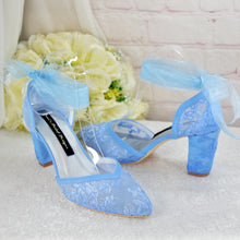 Load image into Gallery viewer, Something Blue Floral Lace Embroidered Block Heel Wedding Sandals • UK5/US7.5
