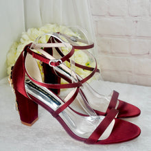 Load image into Gallery viewer, Burgundy Bridal Sandals | 8cm Block Heel Satin Wedding Shoes with Comfortable Cushioned Insoles • UK7/US9.5

