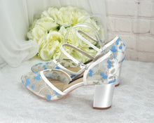 Load image into Gallery viewer, Something Blue Block Heel Embroidered Sandals, Floral Wedding Shoes
