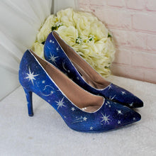 Load image into Gallery viewer, Blue Satin Celestial Wedding Shoes: Hand-Painted Galaxy Bridal Heels UK7.5/US10
