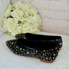 Load image into Gallery viewer, Black Celestial Bridal Flats – Hand-Painted Pointed Wedding Shoes
