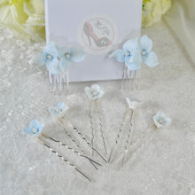 Load image into Gallery viewer, Something Blue Bridal Hair Pin - Ceramic Pearl Floral Wedding Hair Set
