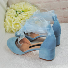 Load image into Gallery viewer, Blue Suede Low Heel Bridal Sandals, Wedding Shoes with Ankle Strap, Bridal Shoes with Block Heel
