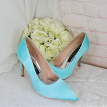 Load image into Gallery viewer, Black Satin Pointed Toe Stiletto Court Shoes: Custom Colours

