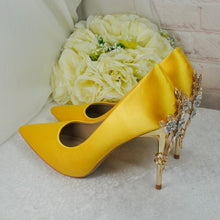 Load image into Gallery viewer, Yellow Satin Wedding Heels: Cherry Blossom Bridal Shoes UK6/US8.5
