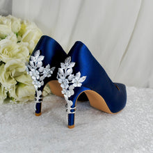 Load image into Gallery viewer, Navy Satin Heels: Silver Floral Cherry Blossom Embellishment
